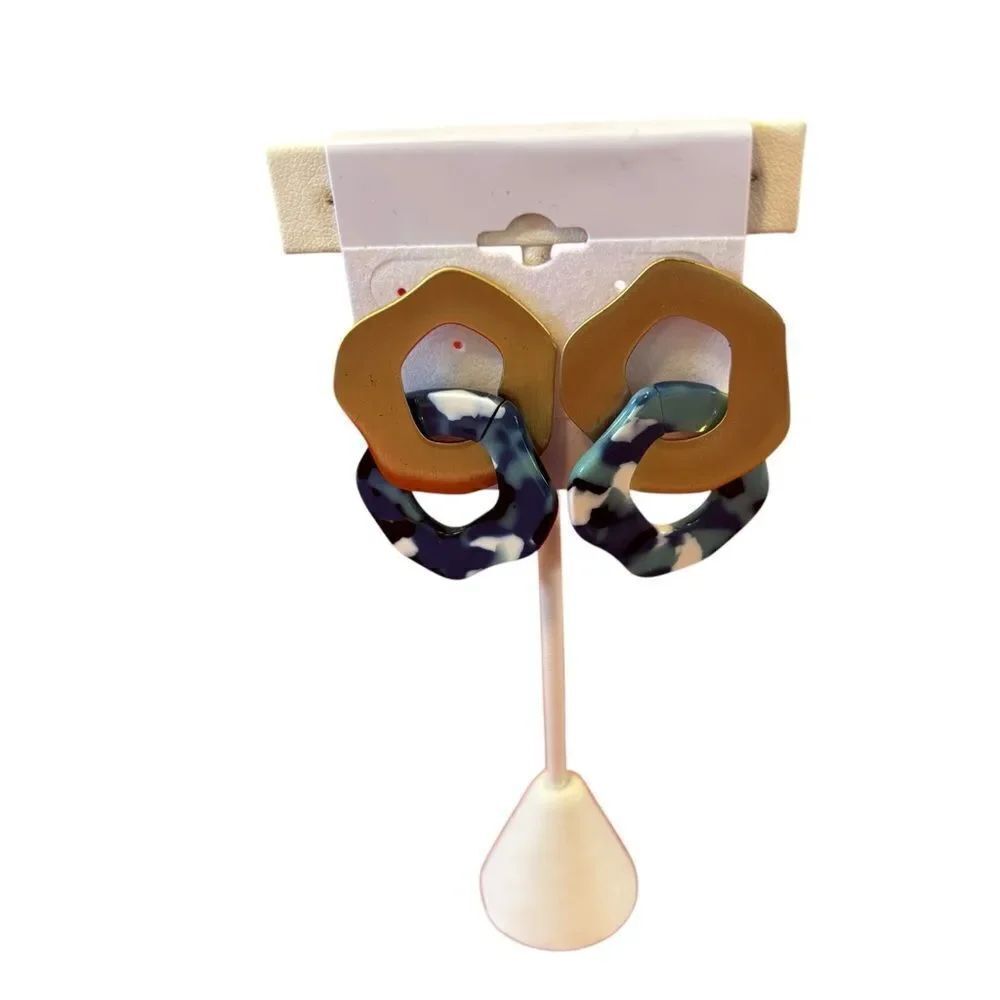 Geometric Linked Hoop Earrings in Brushed Gold and Blue